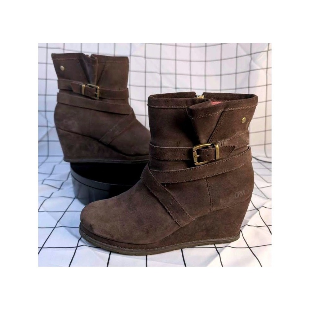 Caterpillar CAT ~ Suede Wedge Ankle Boots ~ Women 9 ~Brown Buckle Strap Side Zip